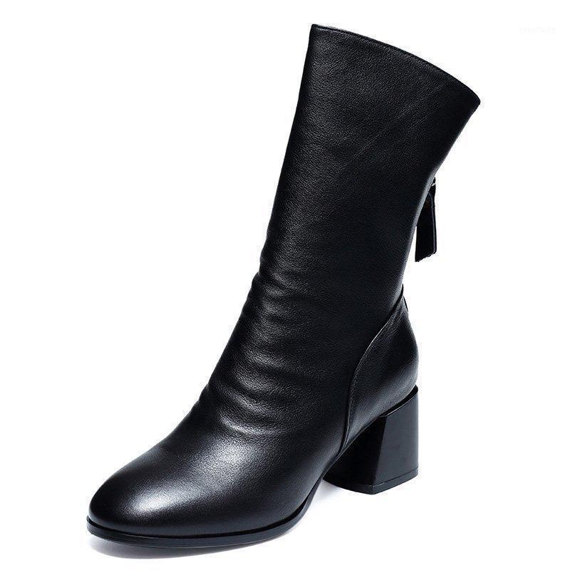 

2021 Women Mid-Calf Pleated Boots Zipper Square Heel Black Western Rome Leather Boots Female Basic Shoes for Ladies1