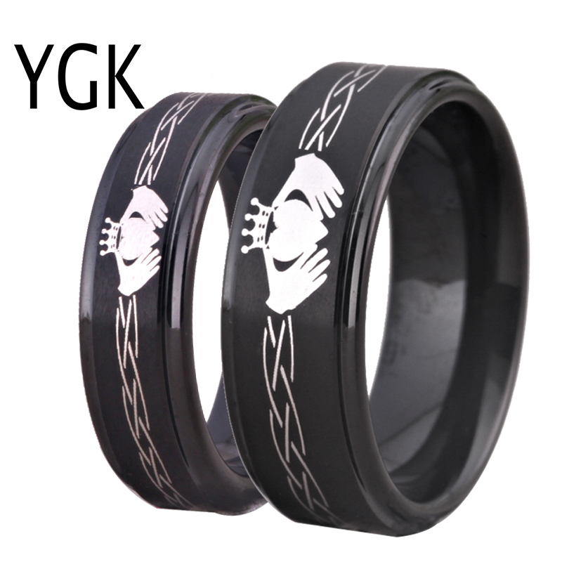 

Tungsten Carbide Men's Black Ring Classic Claddagh Design Women's Wedding Band Love Ring Friendship Gift Engagement Party Ring 201006