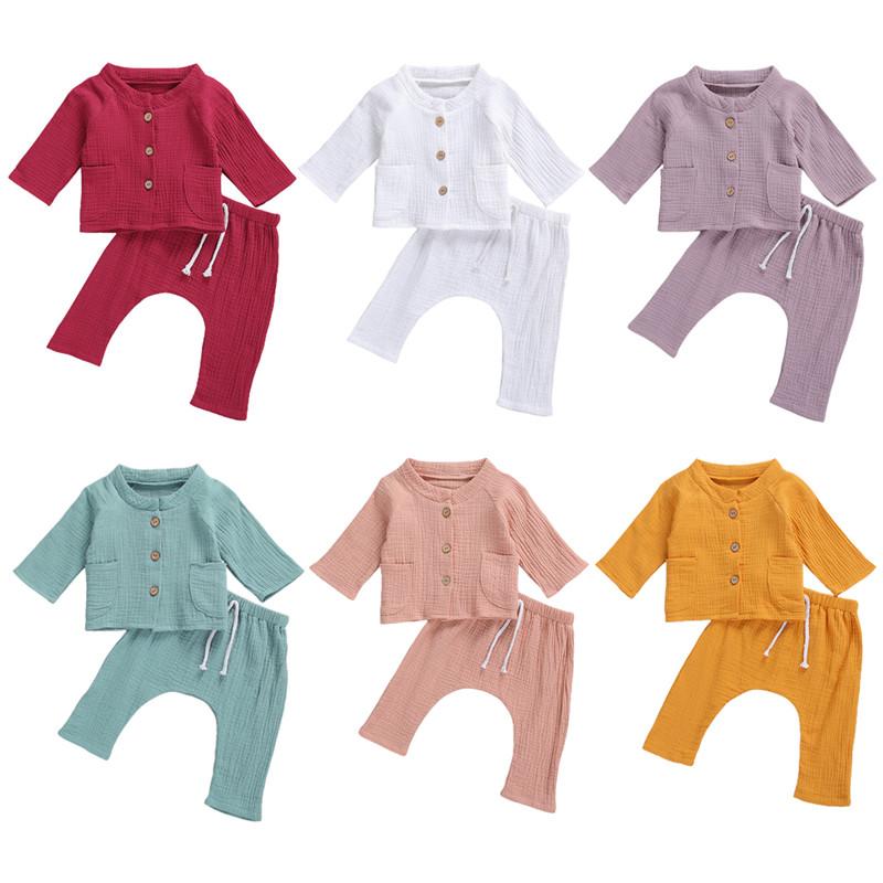 

Baby Boy Girl Cotton Linen Long Sleeve Long Pants Suit Round Collar Pocket 2Pcs Set, Double-sided Wrinkle Button Outfits 0-24M