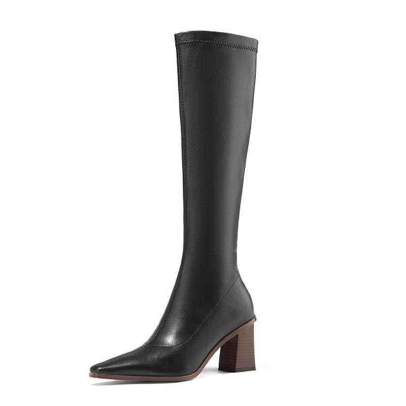 

Elegant Booties Woman High heels ladies Boots Fall Winter Genuine Leather Zipper Shoes Woman Party Working Knee High Boots, Beige