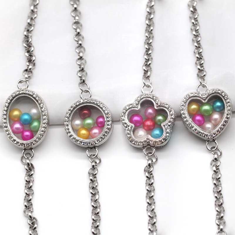 

New Stainless Steel Magnetic Silver Color Floating Lockets Oval Round Flower Heart Living Memory Locket Bracelet Bangles SL016