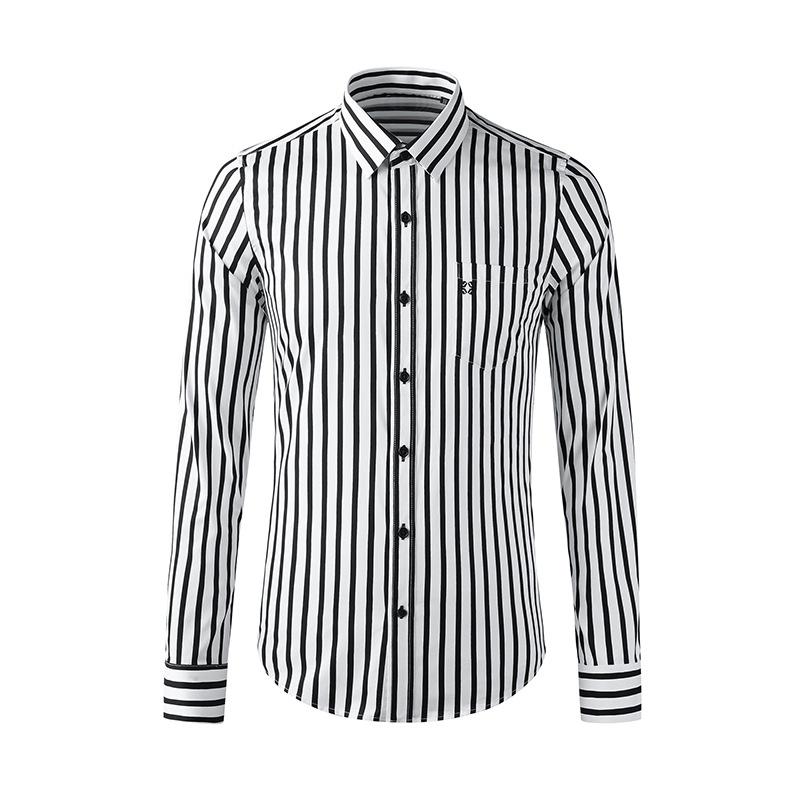 

High-end black and white striped yarn-dyed printed pocket pattern embroidery long-sleeved men's casual long-sleeved slim shirt, Picture color
