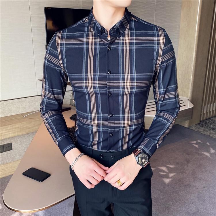 

2020 Spring Casual Formal Business Plaid Shirts Men Slim Long Sleeve Streetwear Social Dress Shirts High Quality Chemise Homme, Black