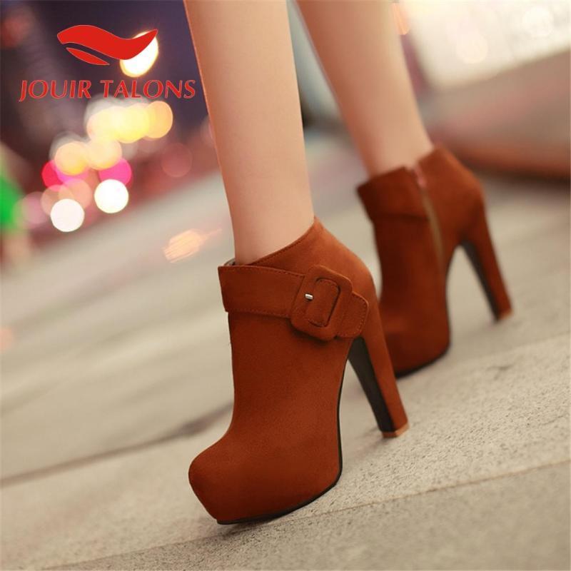 

JOUIR TALONS Big Size 39 women shoes Flock Buckle Straps Square Thick Heels Round Toe Short Plush Ankle Boots1, Black