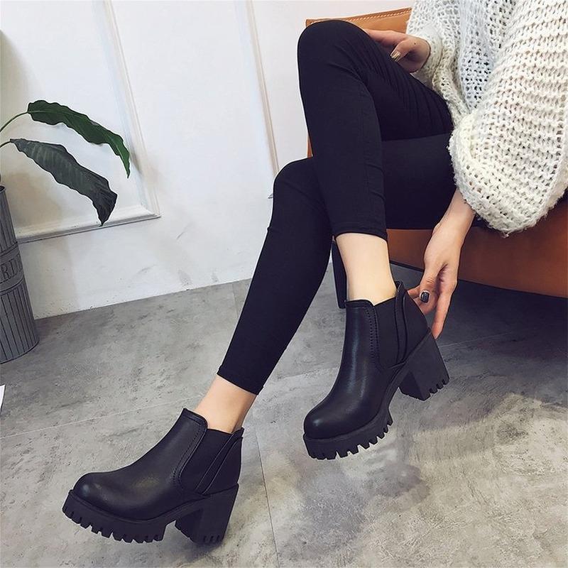 

Women Booties High Heel 2020 Spring New Boots Women's British Style Thick Heel Women's Shoes Casual Ladies Ankle Boots, Black