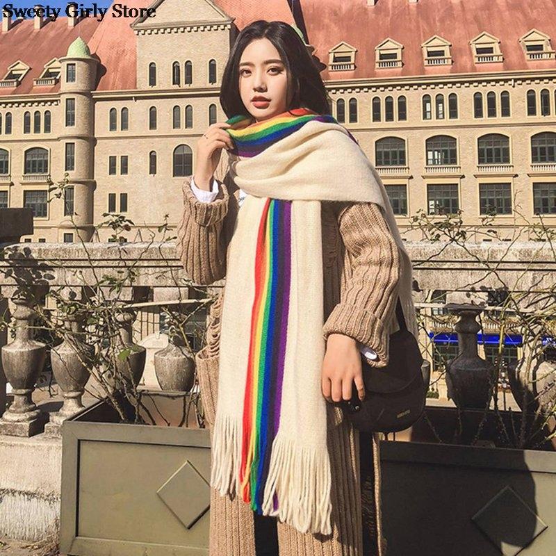 

Scarves Rainbow Striped Women Winter Scarf Soft Wool Long Pashminas Keep Warm Colorful Tassel Jacquard 2021