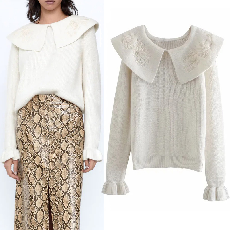 

2021 New Autumn White Embroidered Collar Knitted Sweater Women Vintage Ruffle Long Sleeve Kawaii Ladies Casual Loose Sweaters Vxrw, Ivory