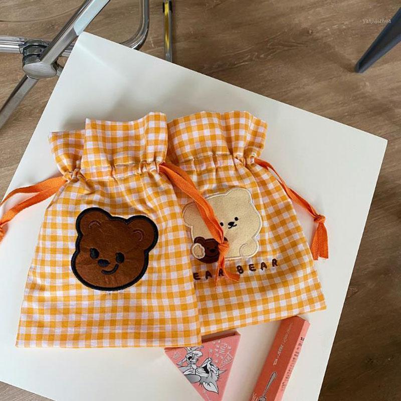 

1 Pcs Cute Orange Color Animal Bear Grids Drawstring Storage Bags Pencil Bag Girls Cosmetic Case Travel Korean Stationery Gifts1