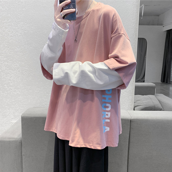 

Fashion Pink Tshirts Japan Harajuku Hip Hop T-shirts Men Women Autumn Fake Two Piece Couple Long Sleeve Loose T Shirt Males