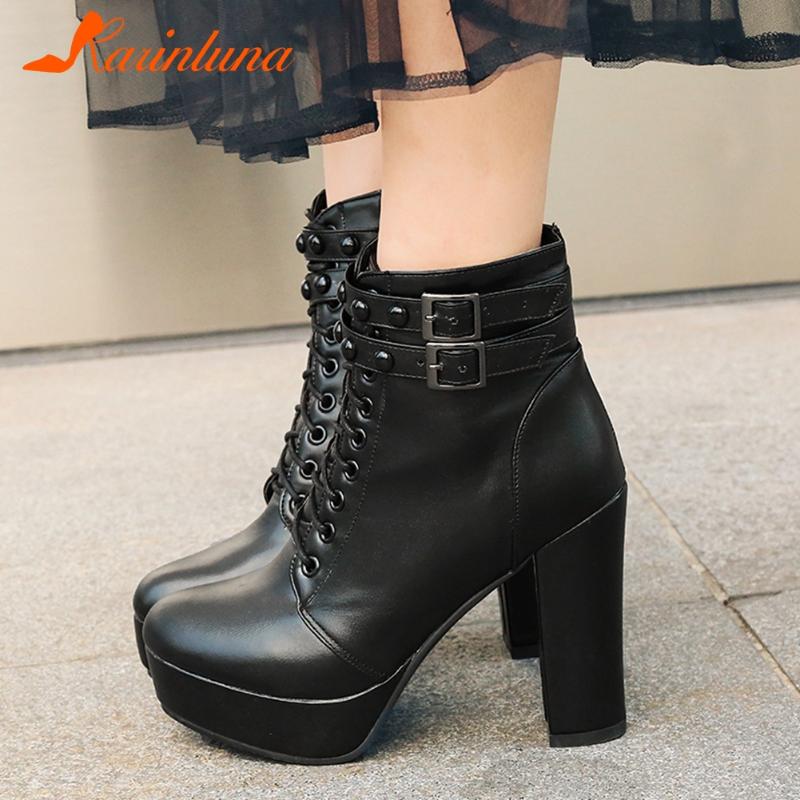

Karin On Sale Female Shoes High Quality Plus Size 34-48 Platform Thick Heels Round Toe Rivet Ankel Boots lace-up Buckles, Black