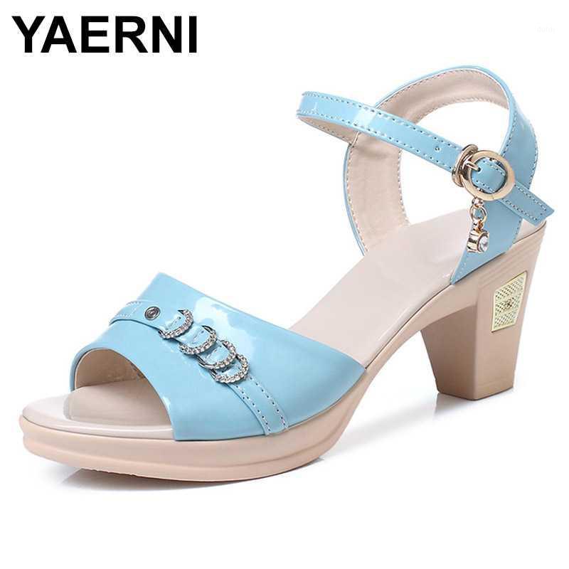 

YAERNI Newest Open Toe Mom Sandals Rhinestone Patent Leather Women High Heel Shoes Sandals Fashion Elegant Summer Women1, Blue