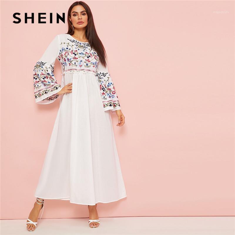 

SHEIN Abaya Flower Embroidered Frilled Trim Bell Sleeve Dress Women Spring Autumn Maxi White Dress Loose A Line Elegant Dresses1