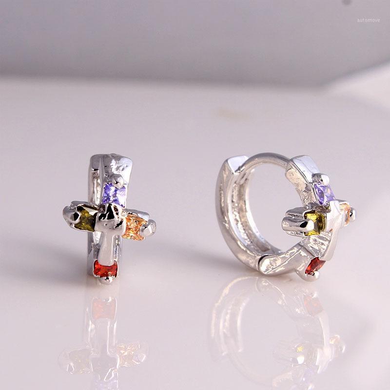 

silver color Cross hoop earring with colorful zircon very high quality women hoop earring gift Distribution1