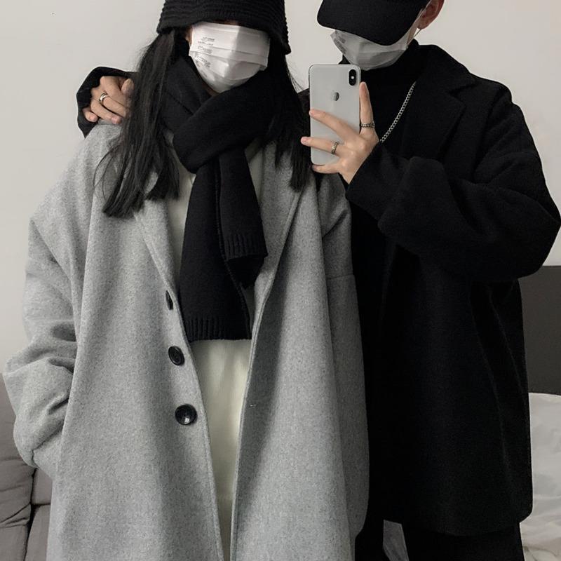 

Winter Plus Cotton Woolen Coat Men Warm Fashiona Casual Oversized Woolen Coat Men Streetwear Loose Korean Style Mens, Black