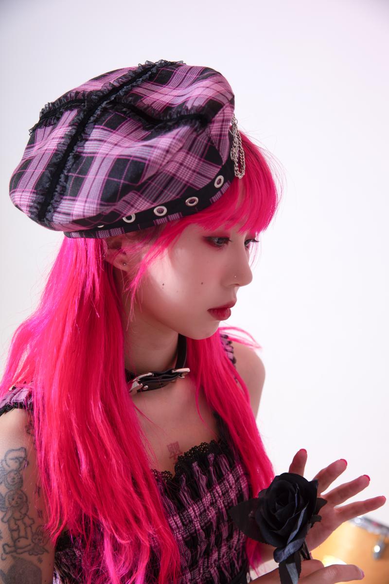 

Berets Sweet Girls Plaided Cross Beret Chain Pin Cute Headdress, Pink