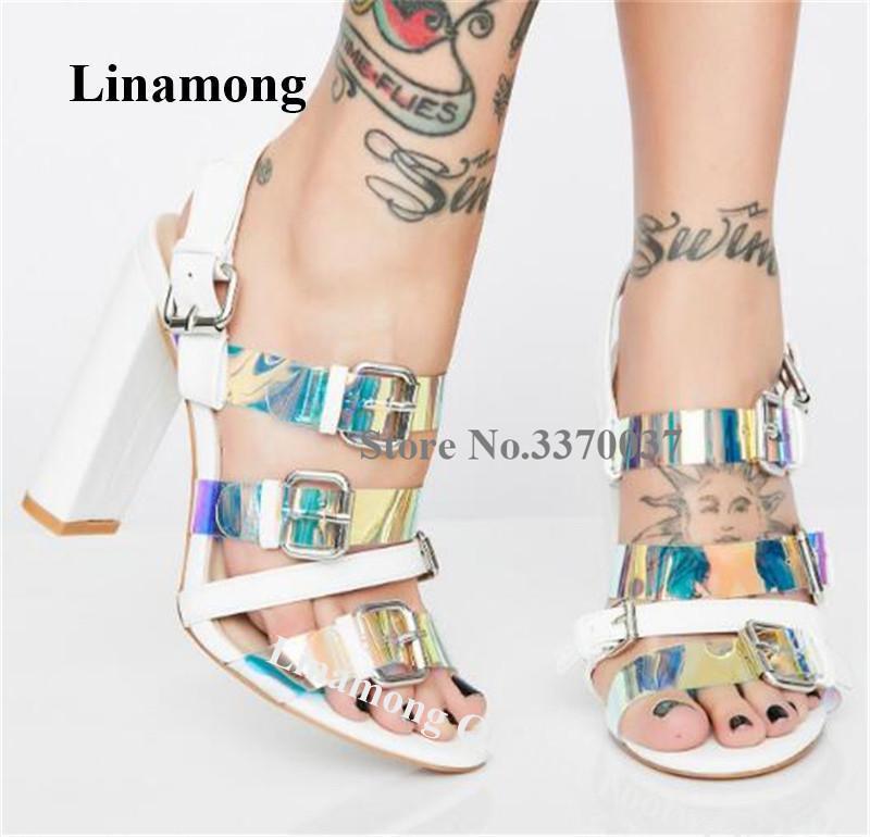 

Women Bright Colorful Clear PVC Buckles Chunky Heel Sandals White Black Suede Fluorescent Straps High Heel Sandals Dress Heels1, As picture