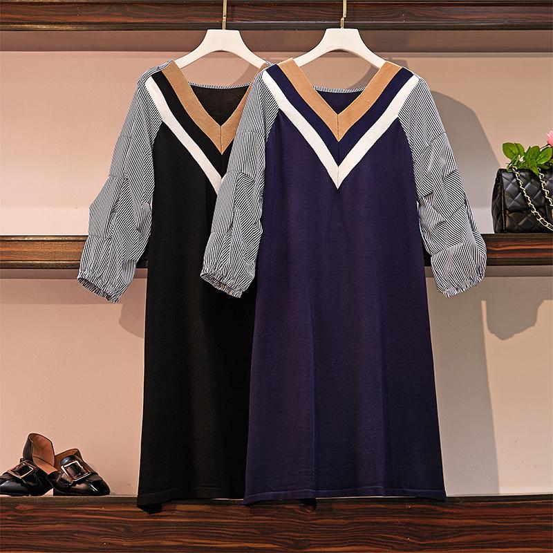 

Real-time Large-size Women's Early Autumn Seven-sleeve Stripe Stitching V-neck Knitted Skirt Age-reducing Dress, Black