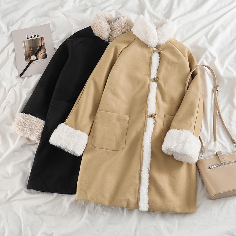 

Loose Long Thicken Wool Blends Women 2020 Winter Warm Streetwear Plush Patchwork Pockets Female Korean Style Coats, Black