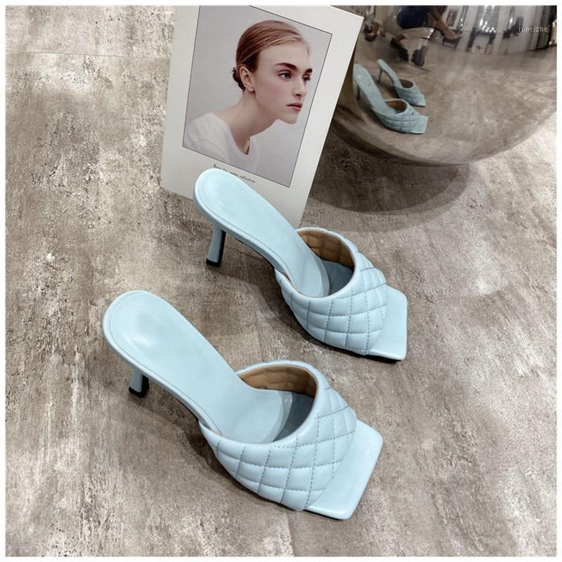 

2020 Design Women slippers Elegant Square Toe Thin High Heels 9CM Slippers Summer Outdoor Beach Slides Shoes1, Black
