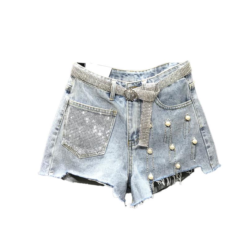 

Summer High Waist Denim Shorts Women Casual Fashion Rhinestone Beaded Wide leg Jeans Shorts Loose Washed Short Jeans Female, Light blue