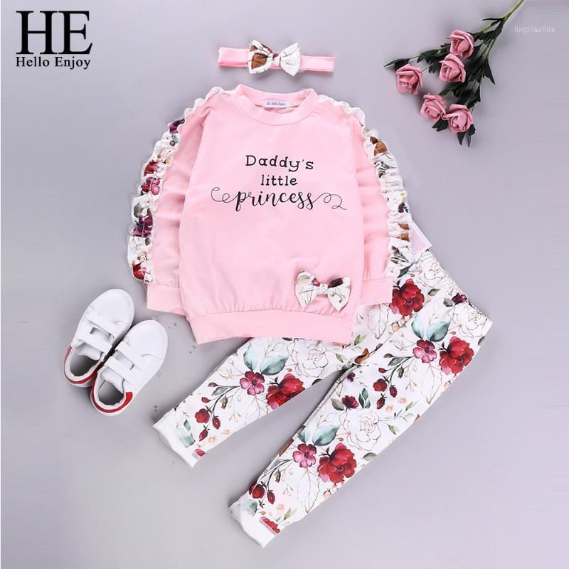 

HE Hello Enjoy Autumn Baby Girls Clothes Sets Baby Long Sleeve Letter Bow Top + Printed Pants + Hairband 3PC Kids Clothes Infant1, Pink