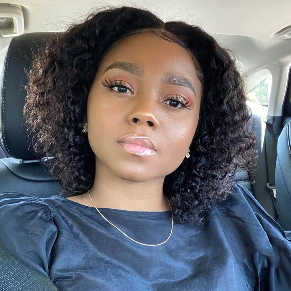 

Short Curly T Part Wig Brazilian 4X4 Lace Closure Wigs Kinky Curl Virgin Human Hair Plucked With Baby Hair 150% Density For Women, Natural color