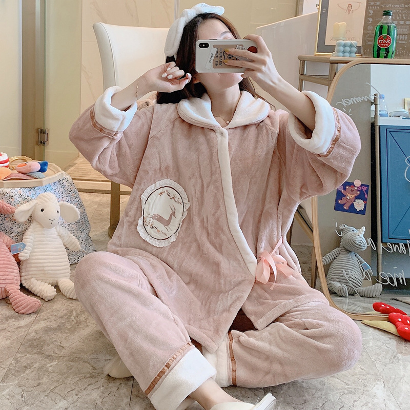 

Flannel Sweet Swallowing Japanese Girls'ensemble Winter Keep Warm Long Pajamas 9kb7, Blue.