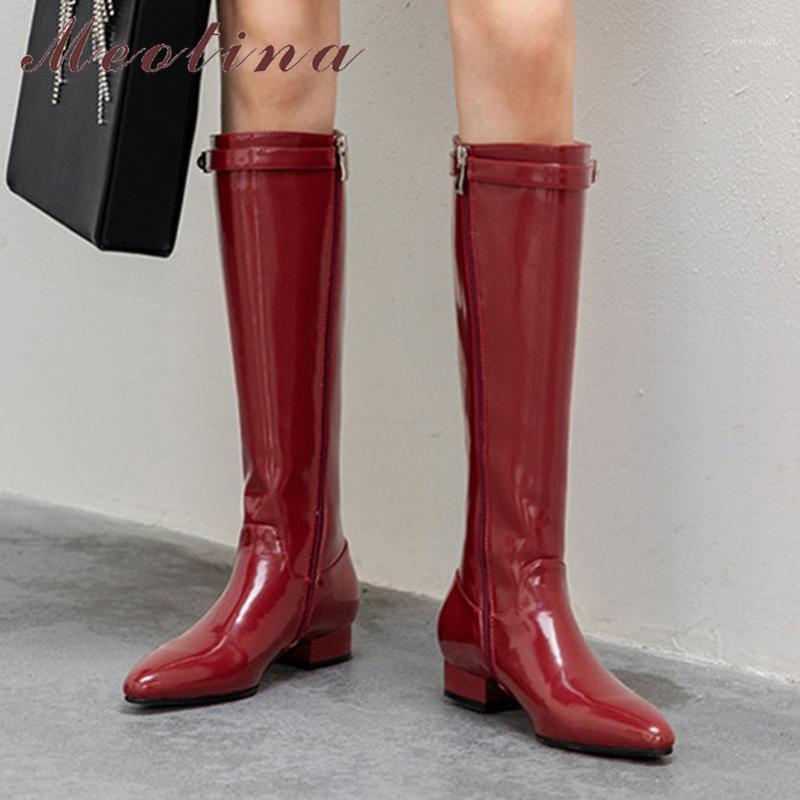 

Meotina Real Leather Low Heel Riding Boots Women Long Boots Shoes Pointed Toe Buckle Zipper Block Heels Knee High Black 401, Black synthetic lin