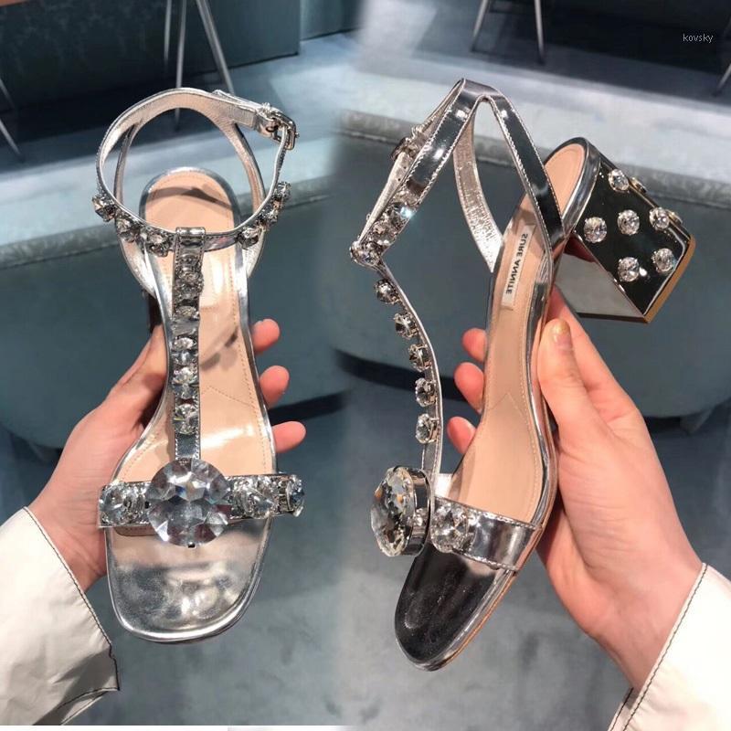 

2021 summer new diamond-studded thick-heeled ladies high-heeled sandals crystal T-buckle open toe party dress wedding shoes1, Silver