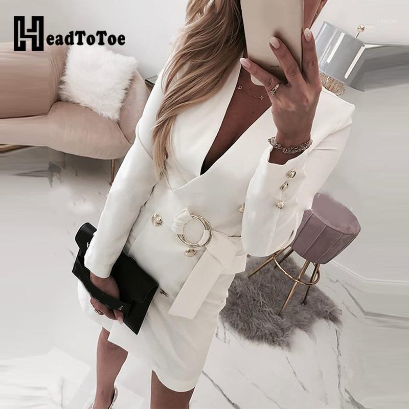 

Plain Long Sleeve Buttoned Blazer Dress Workwear Women Elegant Belted Office Work Dress1, White