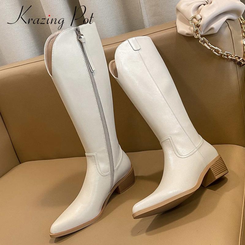 

Krazing Pot new arrival western boots genuine leather concise pointed toe thick med heel zipper daily wear knee-high boots L17, Beige