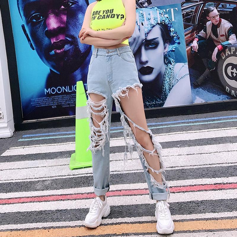 

Spring and Summer 2021 New Big Hole Leg Jeans Women' Denim Pants Student Loose Ripped Jeans For Woman1, Sky blue
