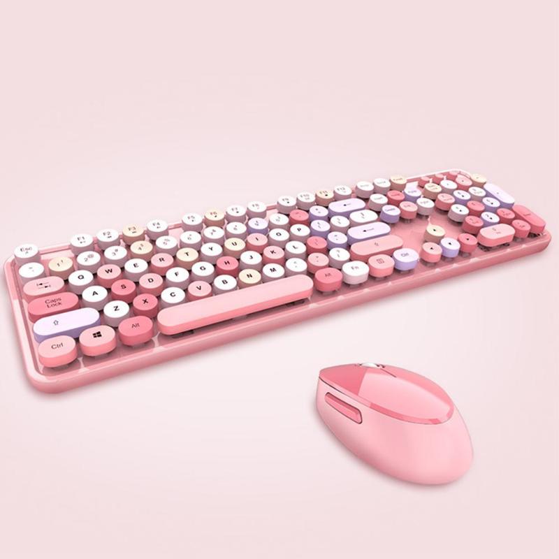 

Pink2.4Ghz Wireless Keyboard and Mouse Set Portable Universa Laptop Round Keycap Punk Keyboard and Mice