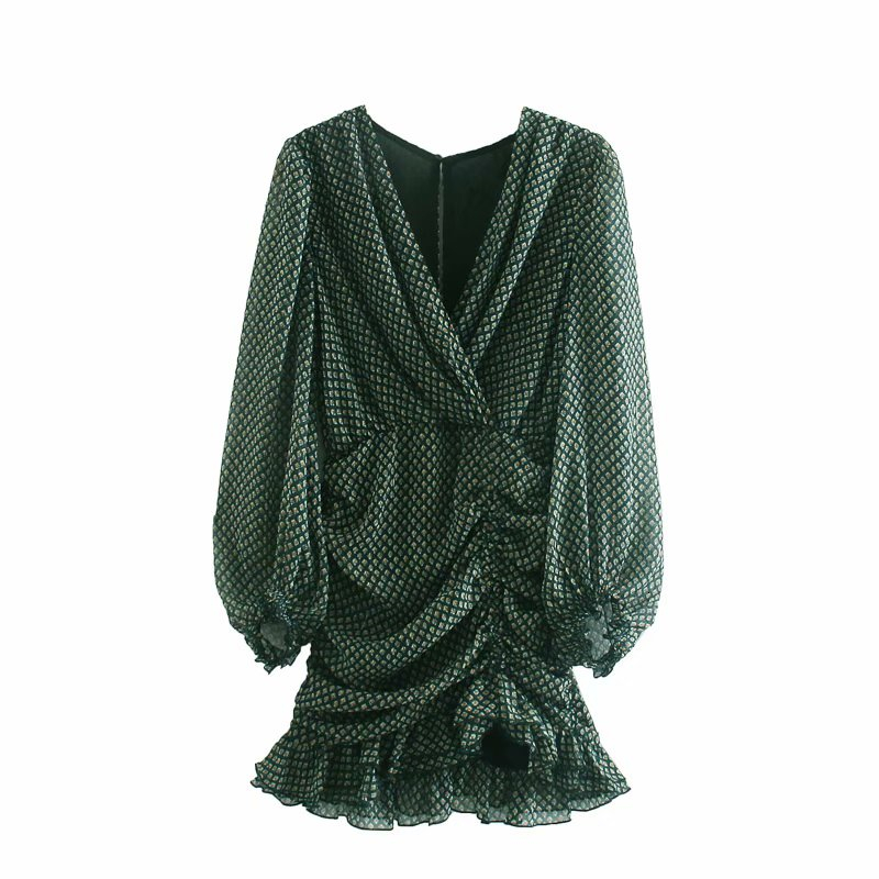 

2021 New Elegantes Com Decote Em v Chiffon Moda Senhoras Assimtrico Mini Streetwear Feminino Babados Drapeado Vestido Xxnc, Green