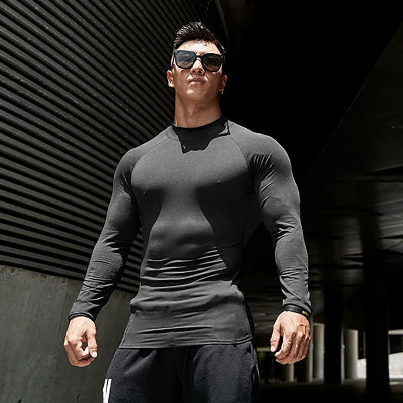 

Running T Shirt Men Compression Top Tee Long Sleeve Hight Collar Sportswear Quick Dry Elasticity Tight Bodybuilding Gym Clothing, White
