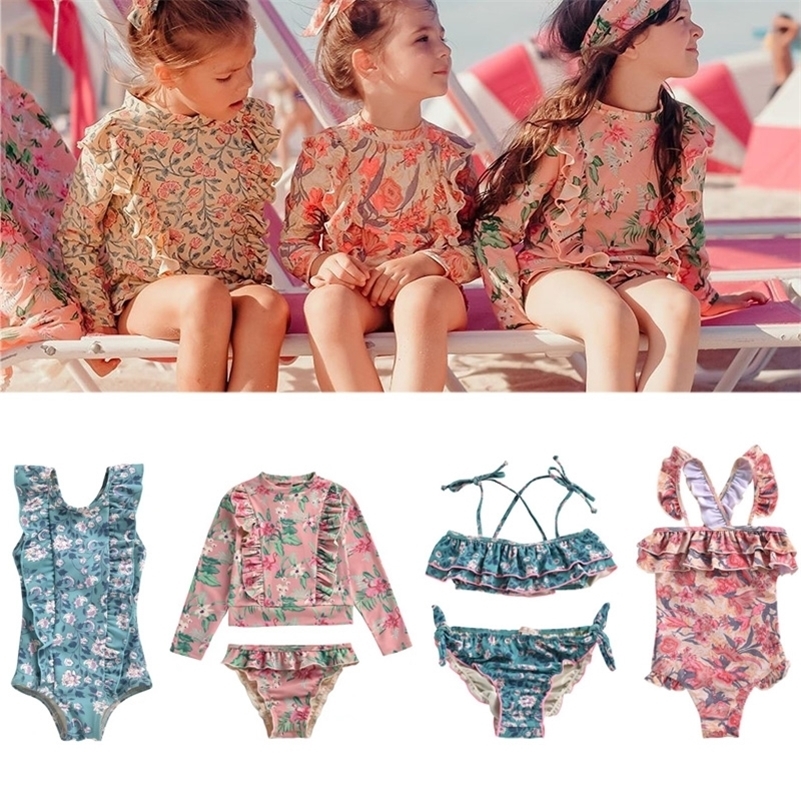 

L&M Brand New Spring Summer Girls One Pieces Swimwear Sets Kids Flower Print Beach Bikini Baby Child Fashion Swimsuits 201031, Strap swimwear