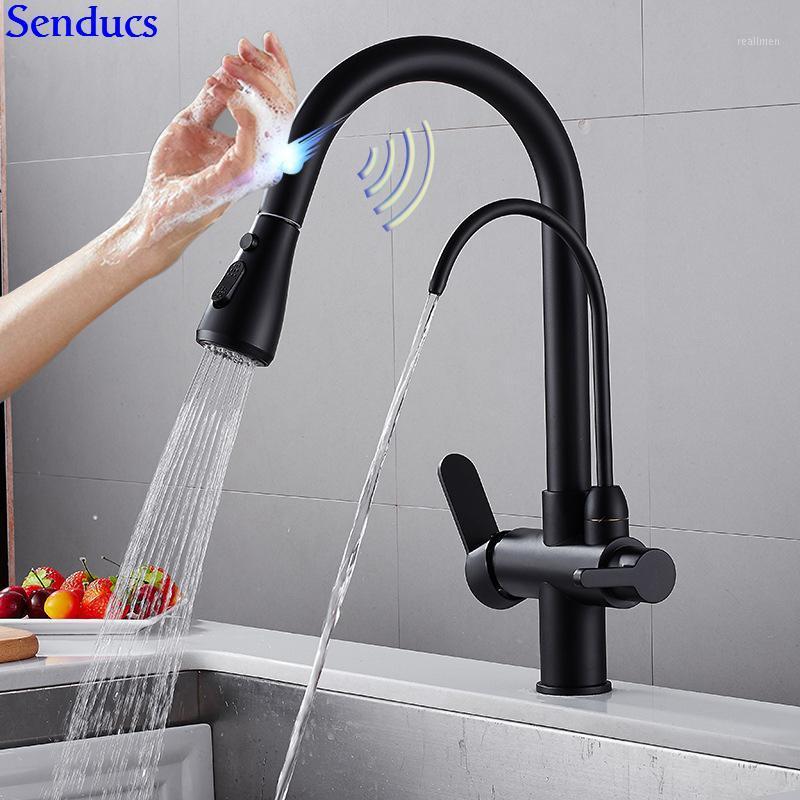 

Sensor Kitchen Mixer Tap Senducs Three Ways Black Pull Out Water Filter Faucet Brass Intelligent Touch Sensing Kitchen Faucet1