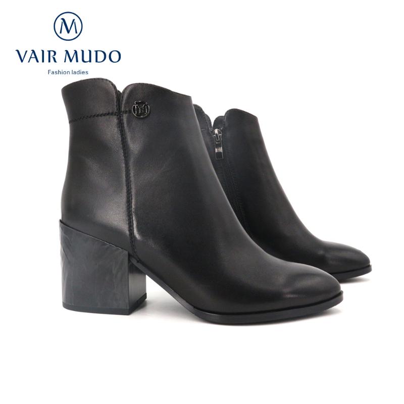 

VAIR MUDO Ankle Boots Shoes Women Genuine Leather Thick Heels Cow Leather Factory Sale Handmade Shoe Women Boots Pointed DX19, Black-short plush