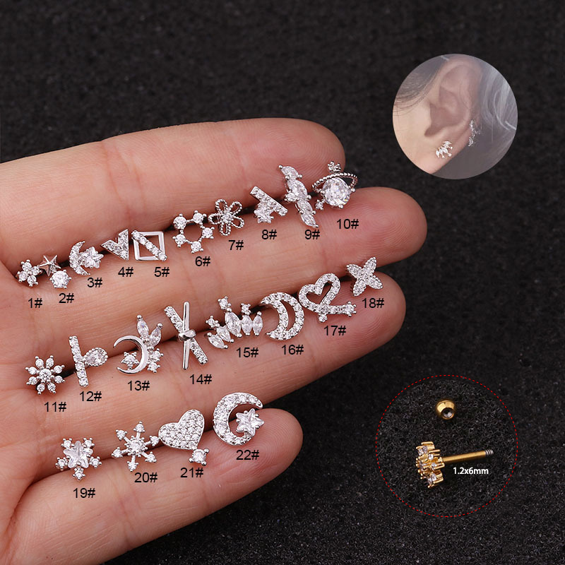 

1Pc 16g Zircon Barbell Piercing Jewelry CZ Dainty Tragus Conch Cartilage Helix Piercing Jewelry Earring Stud Jewlery, Golden;silver