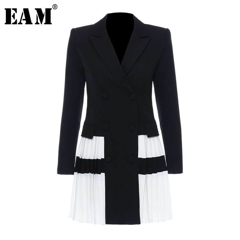 

[EAM] Women Black Contrast Color Pleated Blazer New Lapel Long Sleeve Loose Fit Jacket Fashion Tide Spring Autumn 1T306 201201