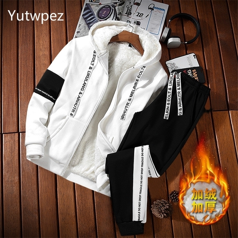 

New Winter Thicken Men' Sets Casual Warm Tracksuits Men Fleece Sweatshirt Set Hoodies + Pants 2 Pieces Male Hoodie Track Suits 201109, Black 738