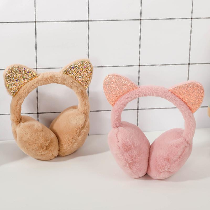 

Fashion Unisex Vintage Ear-cap Winter Outdoor Cute Cat Ear Plush Earmuffs Shiny Sequin Soft Earflaps Headband for Kids Boys Girl1, Khaki