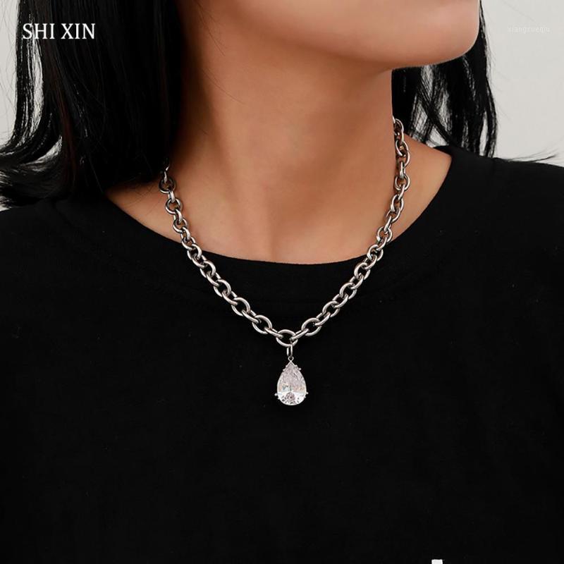 

Pendant Necklaces SHIXIN Punk Stainless Steel Necklace Chain With Crystal For Women Chunky Choker Thick Link Neck, Silver