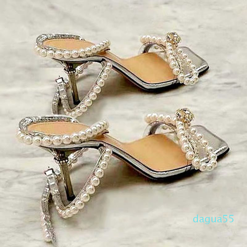 

designer Women High Heels Sandals Elegant Clear Rhinestone Bow Sandals Stiletto Heel Ladies Pearls Party Wedding Shoes, Silver
