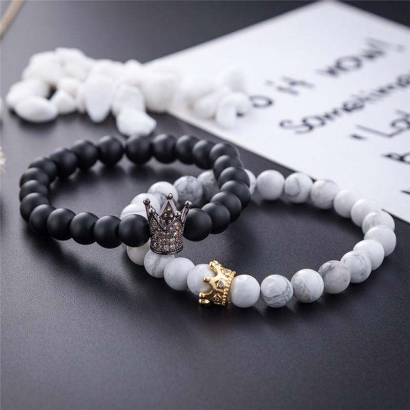 

Black & White Beads Valentine's Day Couple His And Hers Bracelets Distance Cz Crown King Charm Stone Bracelet Lovers