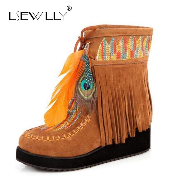 

Lsewilly Indian Style Retro Fringe Boots Flock Chunky Feather Women Ankle Short Boots Tassels Big Size Shoes Size 34-43 AA555 Y200915, Black