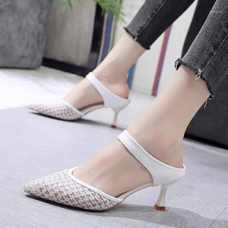 

2020 Summer Shoes Women Slippers High Heels Wedding Shoes Bridal White Out-outs Slipper Pointed Toe Slides Dress 8185N1, Yellow