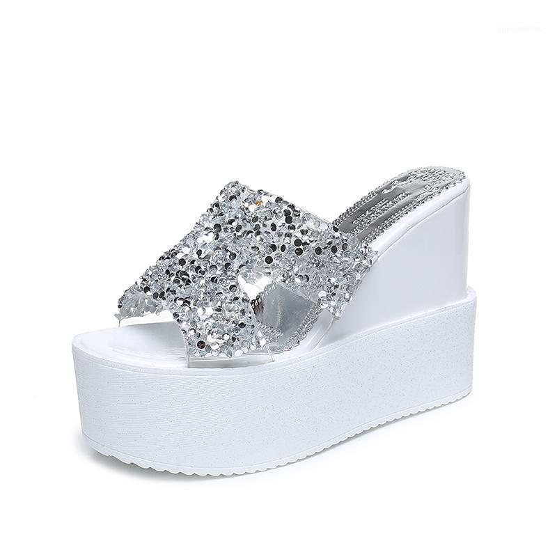 

2019 Summer New Women Beach Slippers Bling Wedge Platform Slippers Wedge Platform Sandals Black/Gold/Silver Women Shoes1