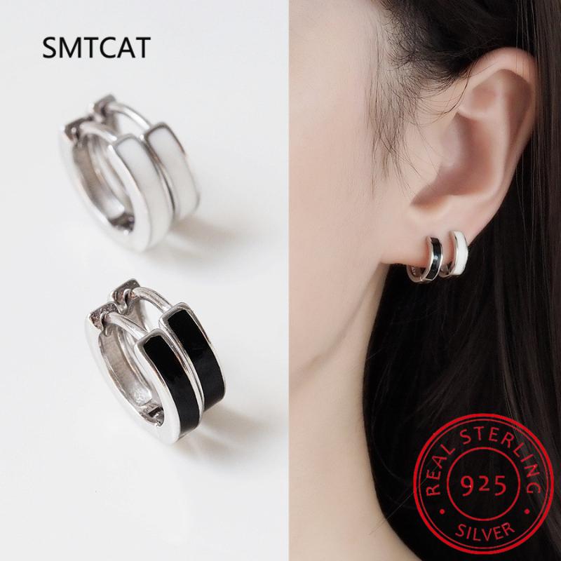 

Hoop & Huggie SMTCAT Authentic 100% 925 Sterling Silver White Black Enamel Circle Simple Earrings For Women Girl Jewelry Gift, Golden;silver
