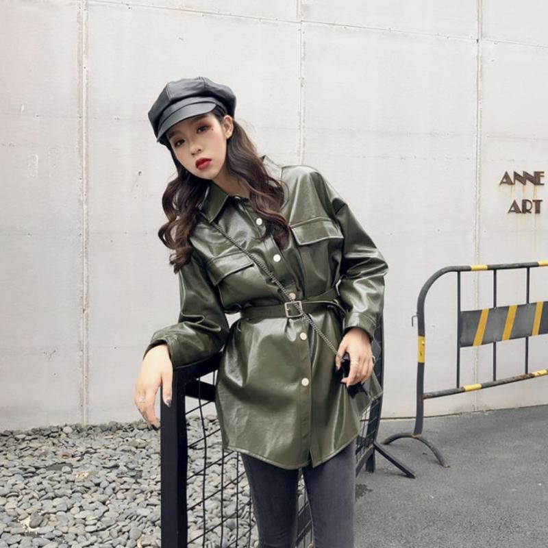 

Fashion brand Glossy patent leather jackets pu leather jacket female street style single breasted long jacket wq561, Black